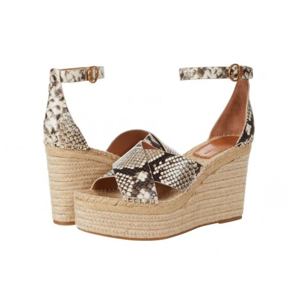 New! Tory Burch FLAWED Selby Snakeprint Leather Espadrille Wedge Sandals 8 - Picture 1 of 8